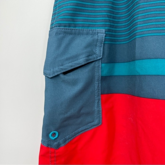 Matrix Men's Blue Red Striped Drawstring Pocketed Colorblocked Swim Trunks - Picture 2 of 10